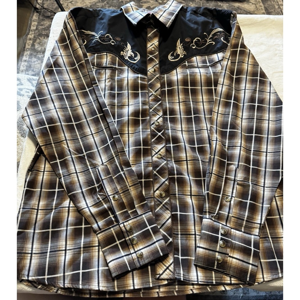 Rodeo Cowboy Pearl Snap Brown Button Down Size Large L/S Euc 0101